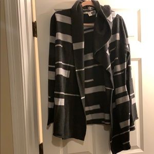 Grey striped hooded cardigan sweater